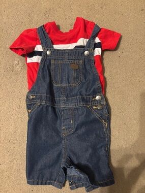 5 for $25 Lee Denim Short Overalls with Red, White & Navy Stripe Tee